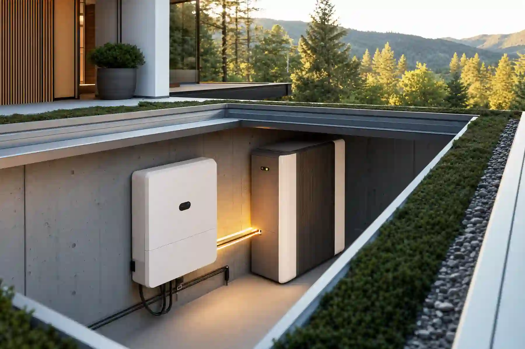 Wechselrichter und Batteriespeicher an einer Hauswand