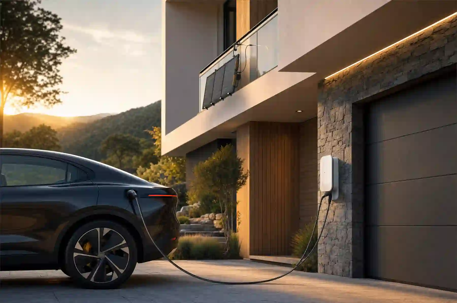 Elektroauto lädt an einer Wallbox vor einem Einfamilienhaus