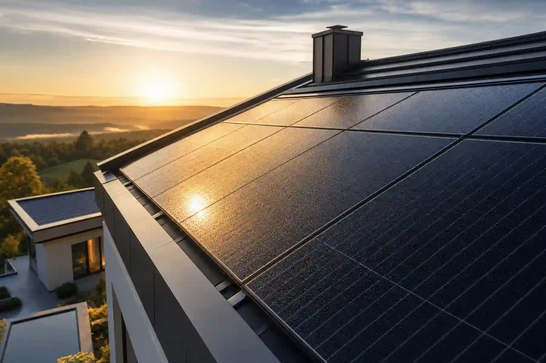 Photovoltaikanlage auf einem modernen Hausdach bei Sonnenaufgang