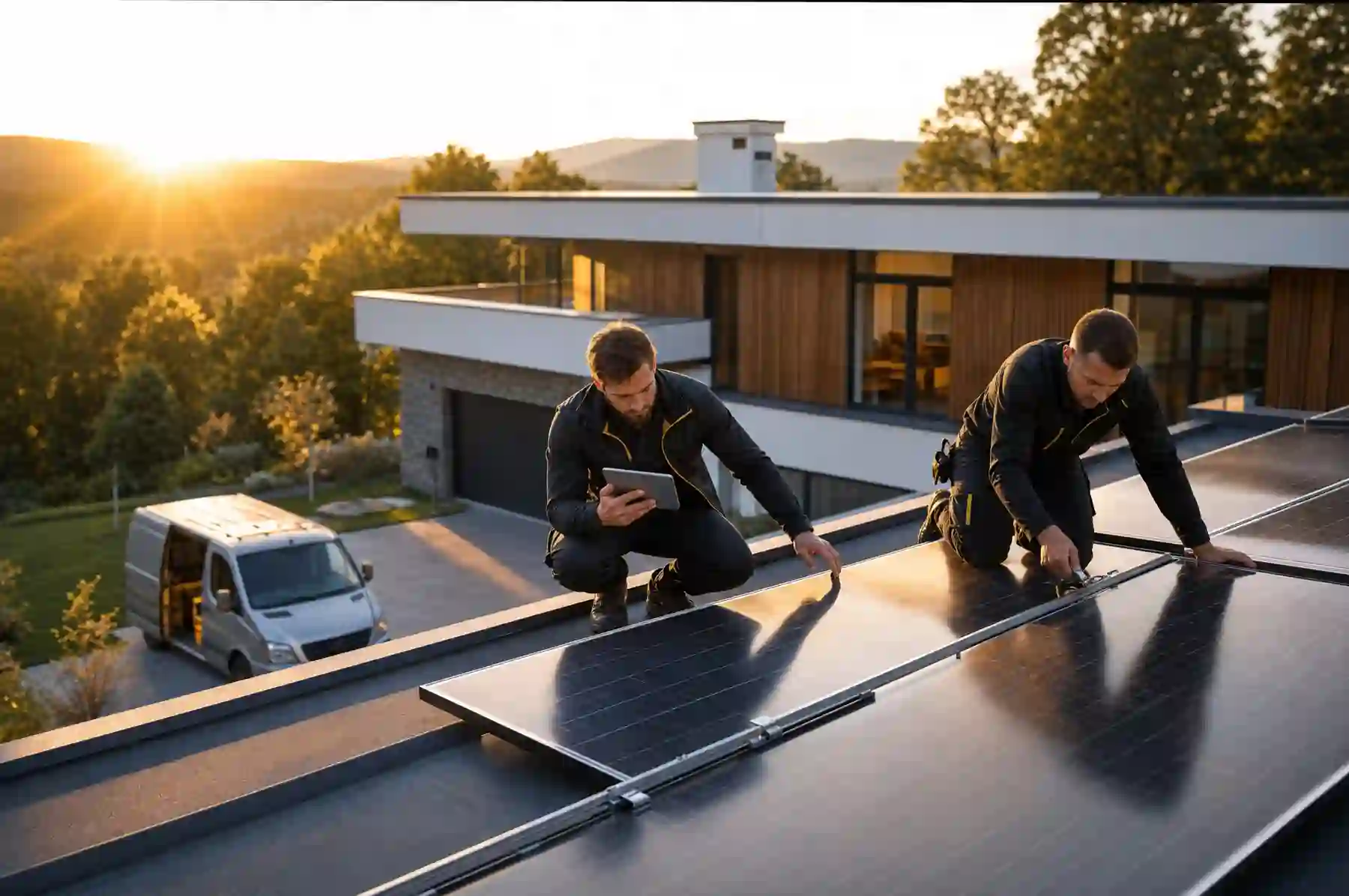 Zwei Techniker installieren Solarmodule auf einem Dach